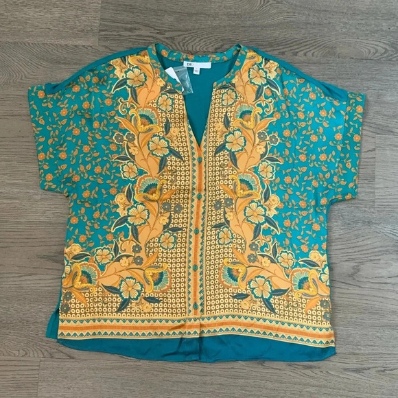 DR2 by Daniel Rainn Boho Floral Print Blouse Size L - Teal/Mustard Yellow - NWT - Picture 2 of 9